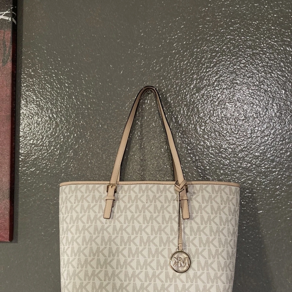 Michael Kors White and Tan Signature Tote